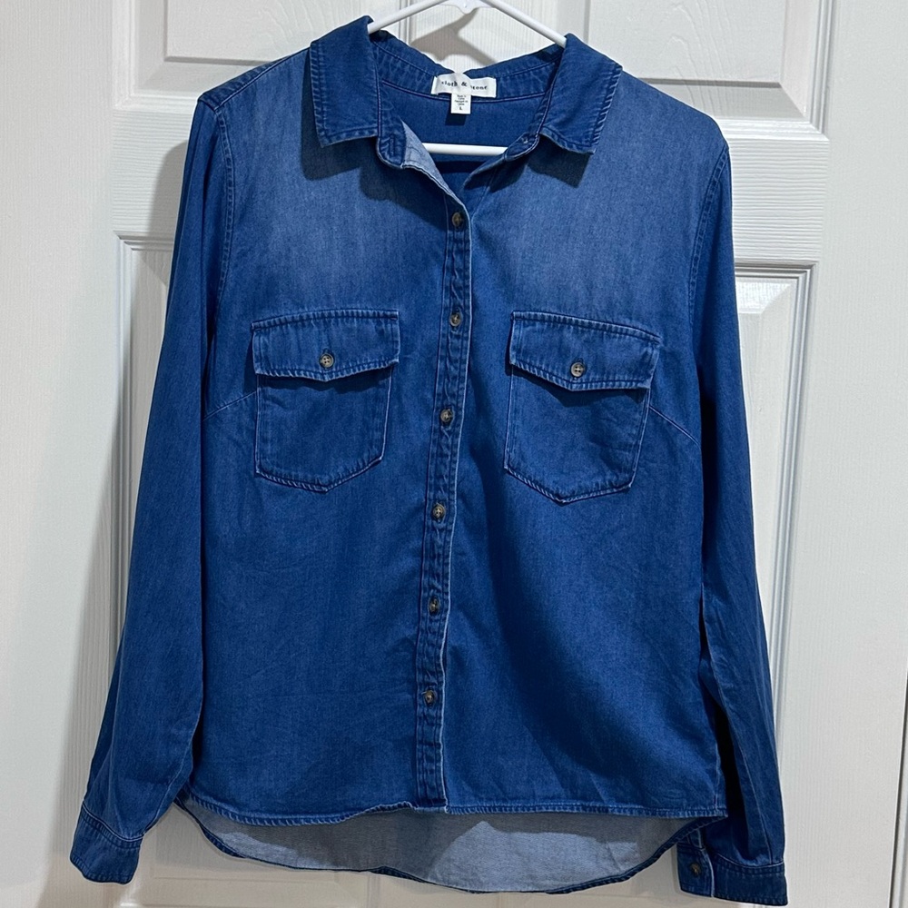 Cloth & Stone Womens Chambray Button Front Shirt Womens LG Blue Denim